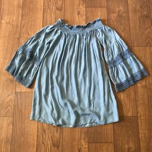 Boho chambray blue off the shoulder dress NWT L